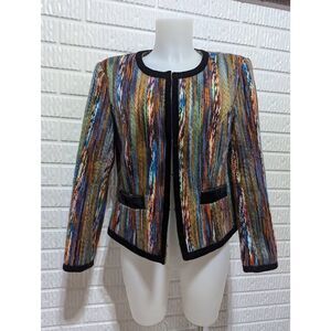 Katherine New York Women's  Multi Color Yarn Weave Velvet Trim Jacket Petite Lar